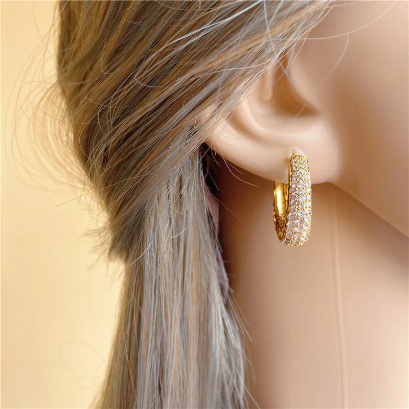 Huitan Hollow Gold Color Hoop Earrings for Women Paved Dazzling CZ Stone Luxury Trendy Female Circle Earrings Statement Jewelry Leedoar