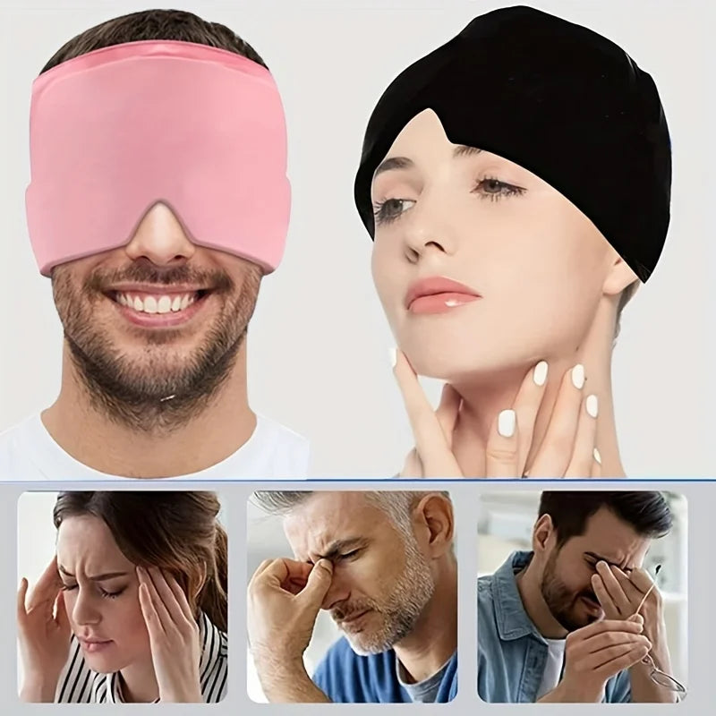 Mascarilla de gel frío y caliente con capa de hielo para la cabeza, masaje relajante que rodea el rostro, máscara para dormir para los ojos, color negro y rosa, sin carga 