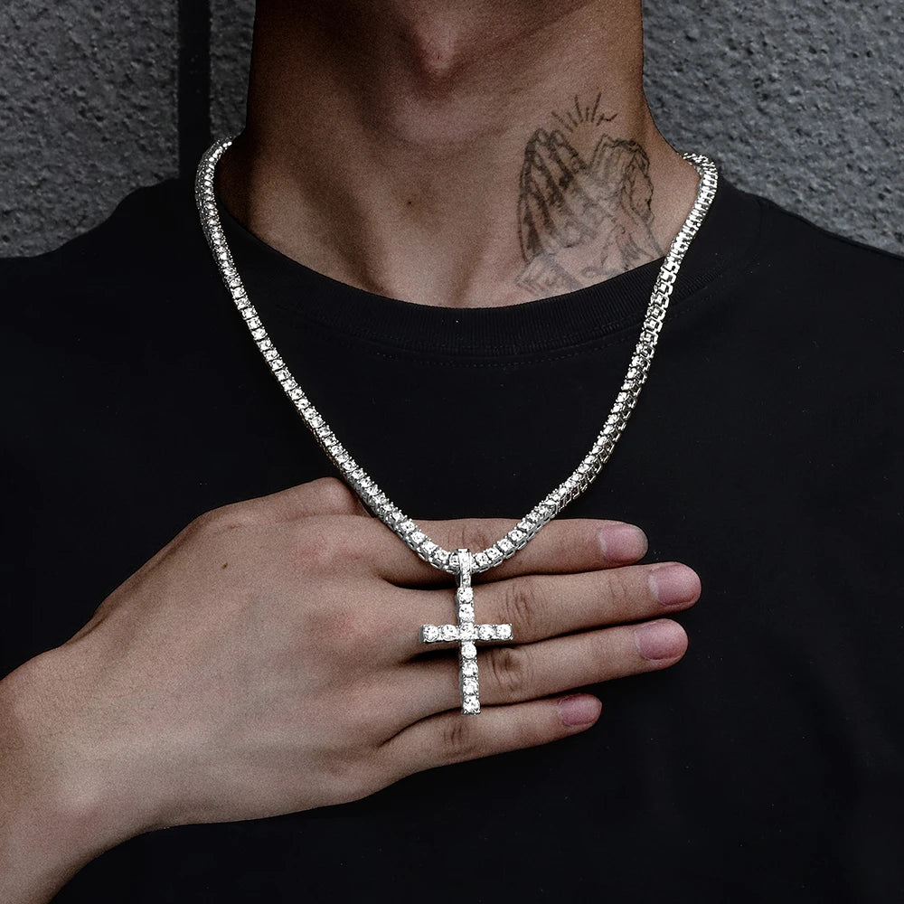 Iced Out Cross Pendant Necklace With 4mm Tennis Chain Religious Charm Full Rhinestone Bling Hip Hop Jewelry for Men and Women Leedoar