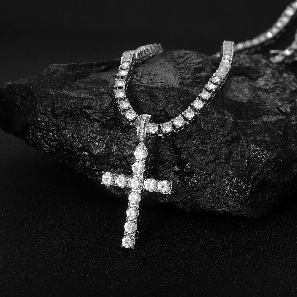 Iced Out Cross Pendant Necklace With 4mm Tennis Chain Religious Charm Full Rhinestone Bling Hip Hop Jewelry for Men and Women Leedoar