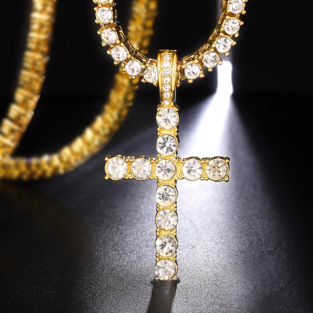 Iced Out Cross Pendant Necklace With 4mm Tennis Chain Religious Charm Full Rhinestone Bling Hip Hop Jewelry for Men and Women Leedoar