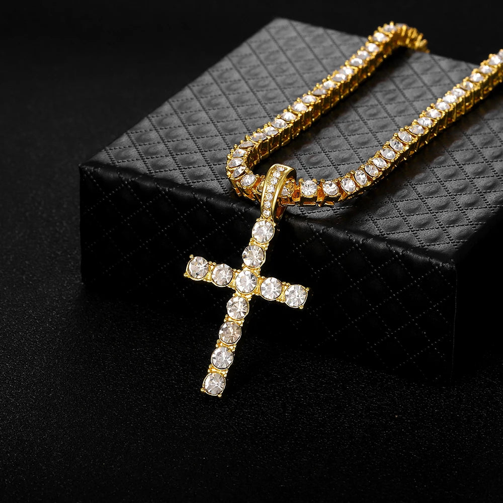 Iced Out Cross Pendant Necklace With 4mm Tennis Chain Religious Charm Full Rhinestone Bling Hip Hop Jewelry for Men and Women Leedoar