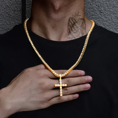 Iced Out Cross Pendant Necklace With 4mm Tennis Chain Religious Charm Full Rhinestone Bling Hip Hop Jewelry for Men and Women Leedoar