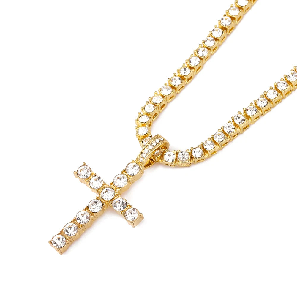 Iced Out Cross Pendant Necklace With 4mm Tennis Chain Religious Charm Full Rhinestone Bling Hip Hop Jewelry for Men and Women Leedoar