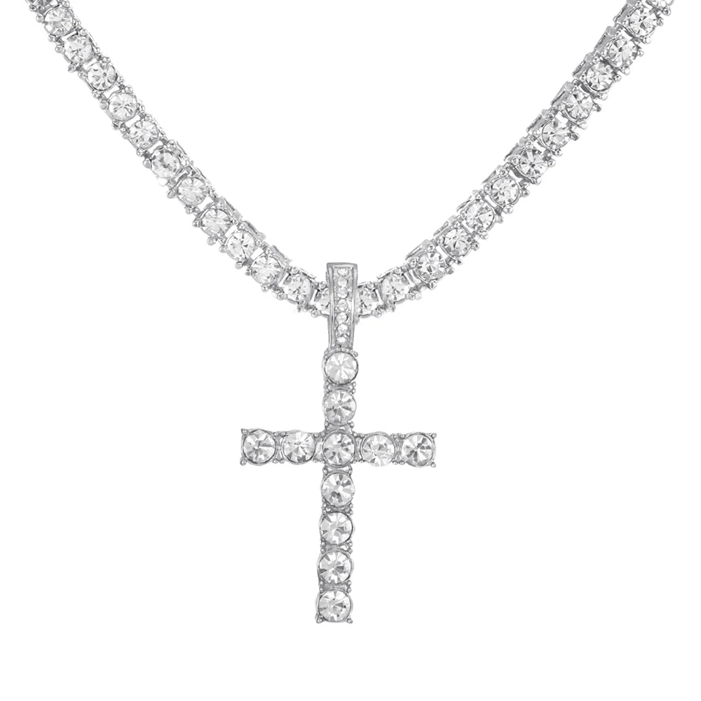 Iced Out Cross Pendant Necklace With 4mm Tennis Chain Religious Charm Full Rhinestone Bling Hip Hop Jewelry for Men and Women Leedoar