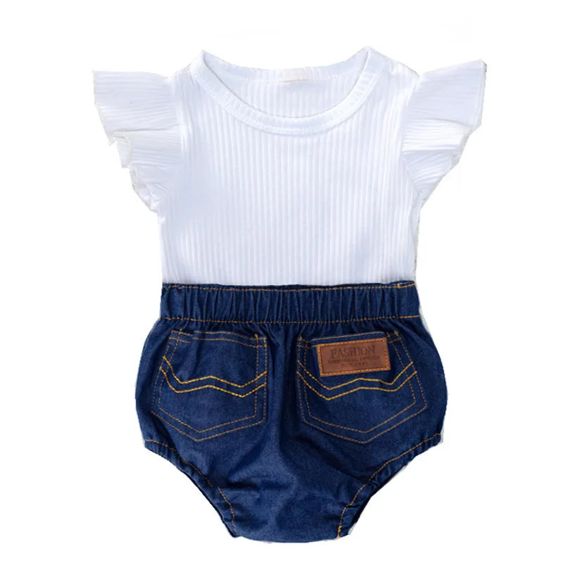 Infant Girl Clothing 2024 Summer Cotton Newborn Ruffles Romper Jeans Headband Toddler Baby Girl Clothes Outfit Set Outdoor Suit Leedoar