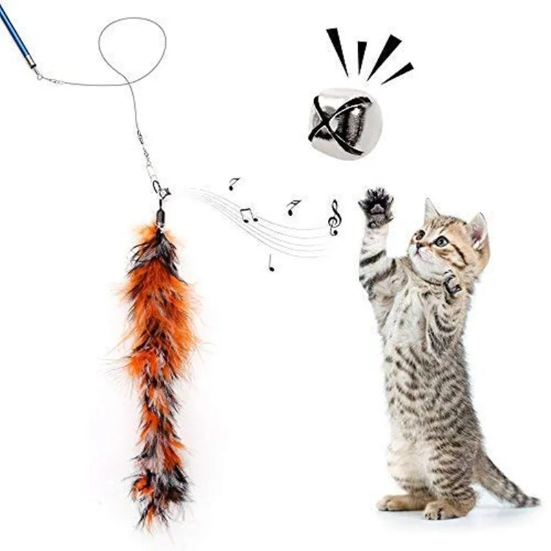 Interactive Cat Feather Toy Feather Teaser Stick Wand Pet Retractable Feather Bell Refill Replacement Catcher Product for Kitten Leedoar