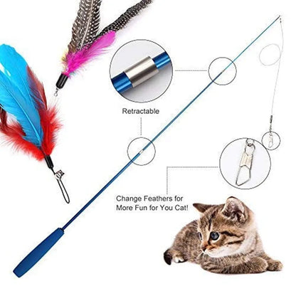 Interactive Cat Feather Toy Feather Teaser Stick Wand Pet Retractable Feather Bell Refill Replacement Catcher Product for Kitten Leedoar