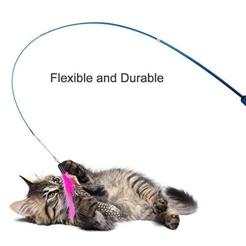 Interactive Cat Feather Toy Feather Teaser Stick Wand Pet Retractable Feather Bell Refill Replacement Catcher Product for Kitten Leedoar