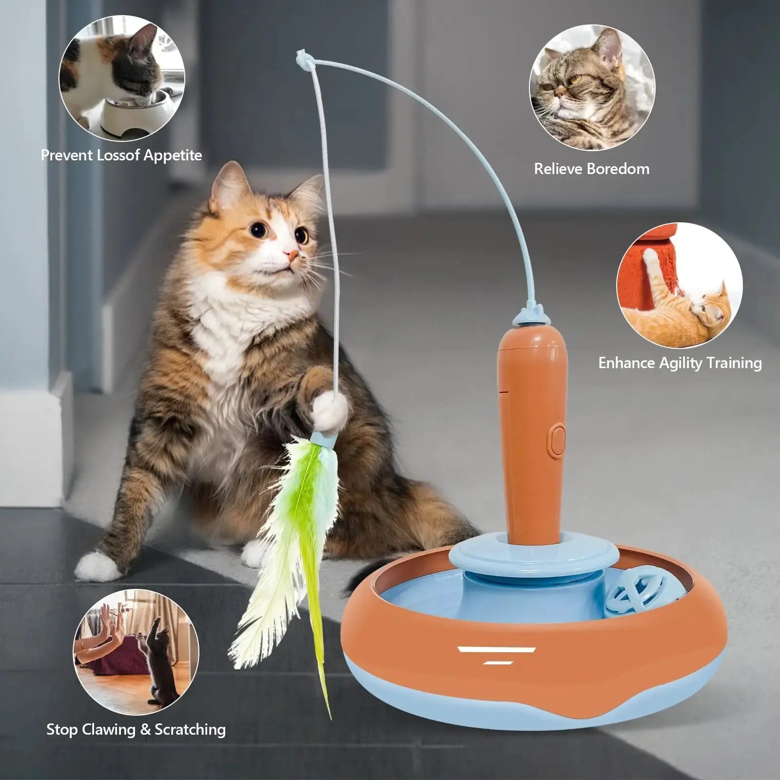 Interactive Cat Toy for Indoor Cats, Automatic Pet Feather Exercise Toys, 360° Rotating Feather and Track Balls with Bell Leedoar