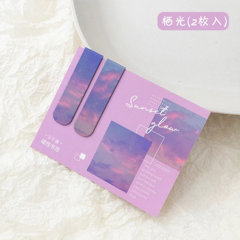 JIANQI 2pcs/pack Magnetic bookmark beautiful scenery clouds simple literary pattern bookmark Reading tool School office supplies Leedoar