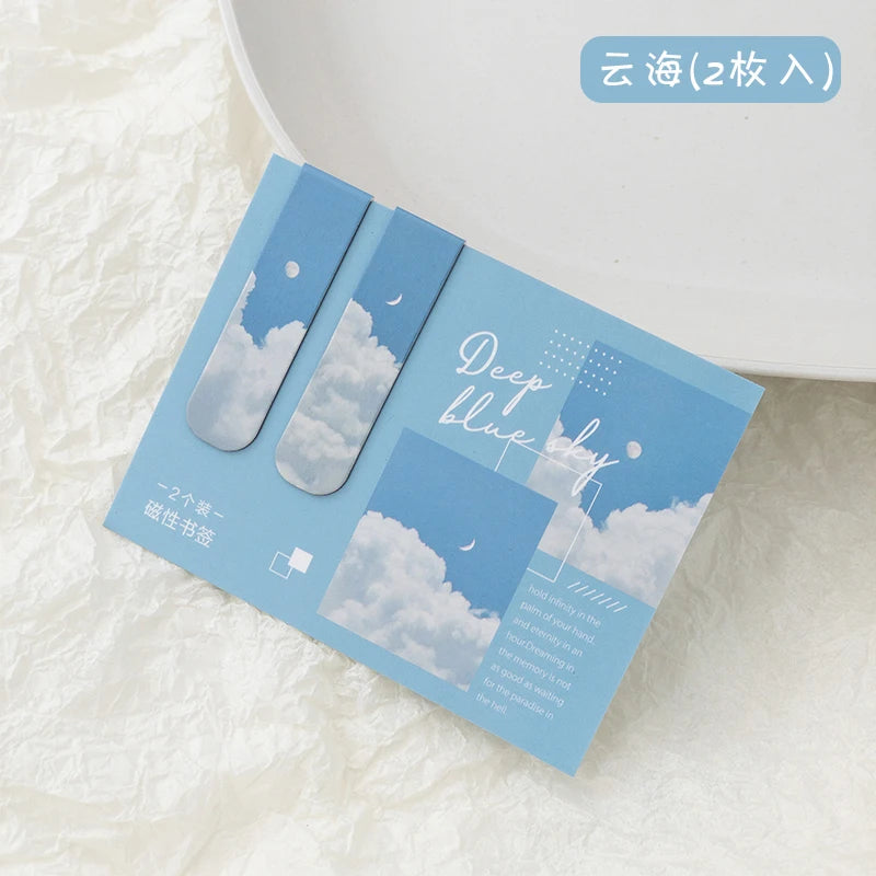 JIANQI 2pcs/pack Magnetic bookmark beautiful scenery clouds simple literary pattern bookmark Reading tool School office supplies Leedoar