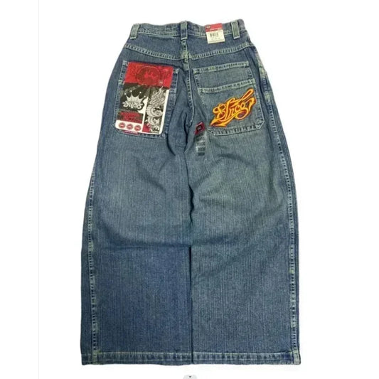 JNCO Jeans New Y2K Harajuku Hip Hop Letter Embroidered Vintage Baggy Jeans Denim Pants Mens Womens Goth High Waist Wide Trousers Leedoar