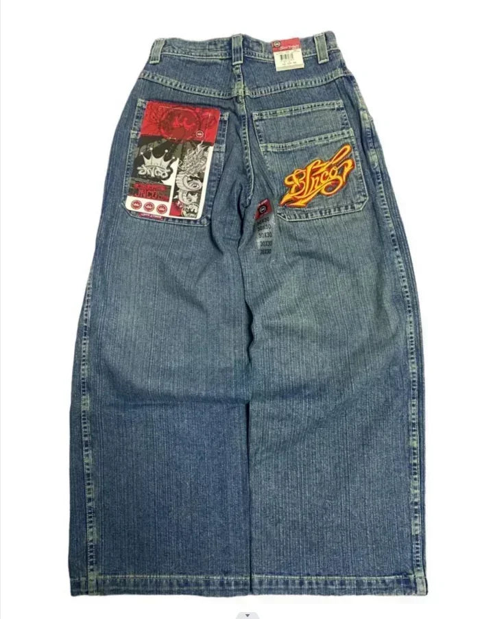 JNCO Jeans Novo Y2K Harajuku Hip Hop Carta Bordado Vintage Baggy Jeans Calças Jeans Homens Mulheres Góticas Cintura Alta Calças Largas 