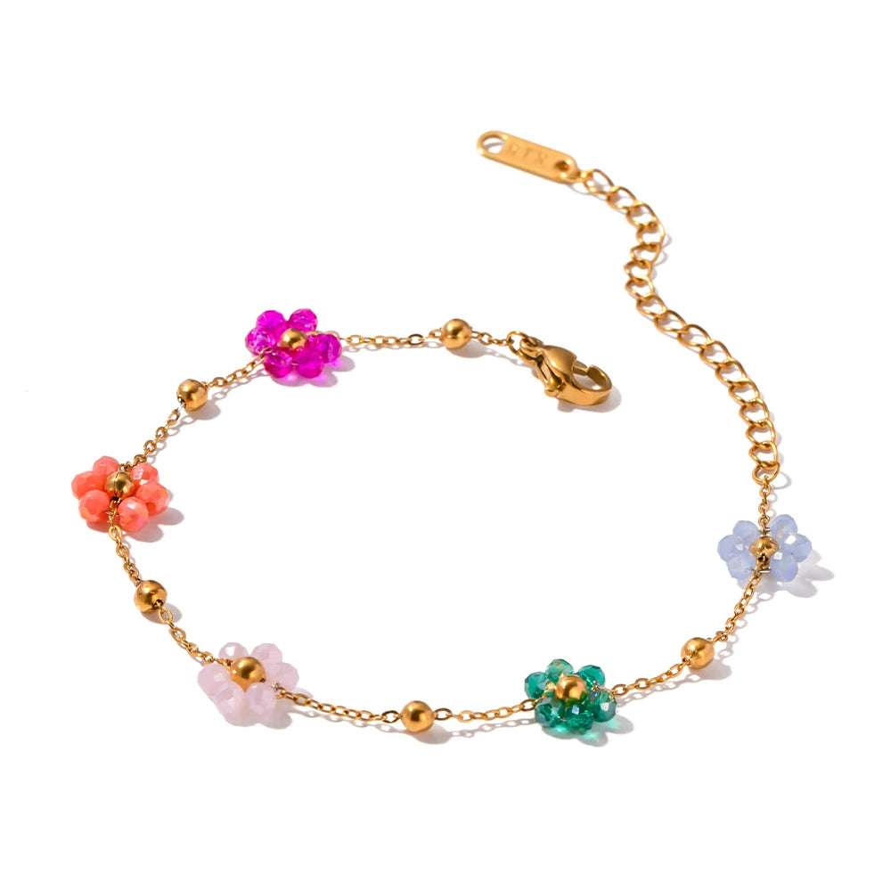 Jewelryposter Stainless Steel 18K Gold Plated Bead Chain Sunflower Colorful 5 Flower Charm Bracelet Necklace Set 2024 NEW Leedoar