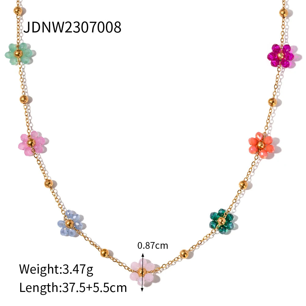 Jewelryposter Stainless Steel 18K Gold Plated Bead Chain Sunflower Colorful 5 Flower Charm Bracelet Necklace Set 2024 NEW Leedoar