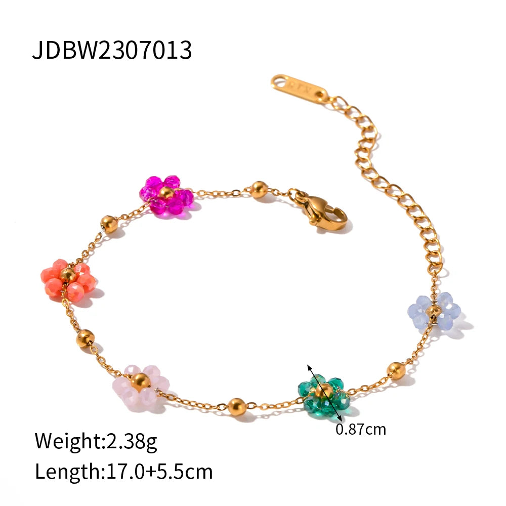 Jewelryposter Stainless Steel 18K Gold Plated Bead Chain Sunflower Colorful 5 Flower Charm Bracelet Necklace Set 2024 NEW Leedoar