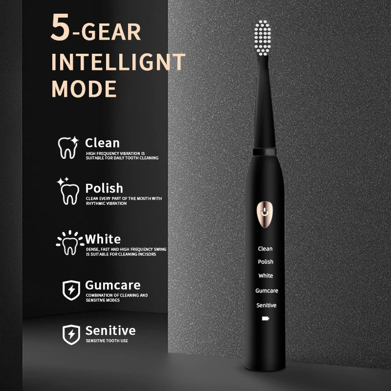 Jianpai Adult Black White Classic Acoustic Electric Toothbrush Adult 5-gear Mode USB Charging IPX7 Waterproof Acoustic Electric Leedoar