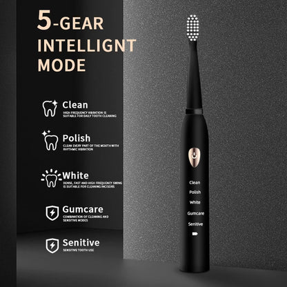 Jianpai Adult Black White Classic Acoustic Electric Toothbrush Adult 5-gear Mode USB Charging IPX7 Waterproof Acoustic Electric Leedoar