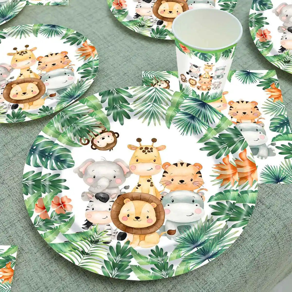 Jungle Animals Disposable Party Tableware Tablecloth Paper Plate Cup Wild One Birthday Party Decoration Kid Baby Shower Supplies Leedoar