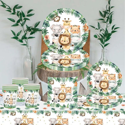 Jungle Animals Disposable Party Tableware Tablecloth Paper Plate Cup Wild One Birthday Party Decoration Kid Baby Shower Supplies Leedoar