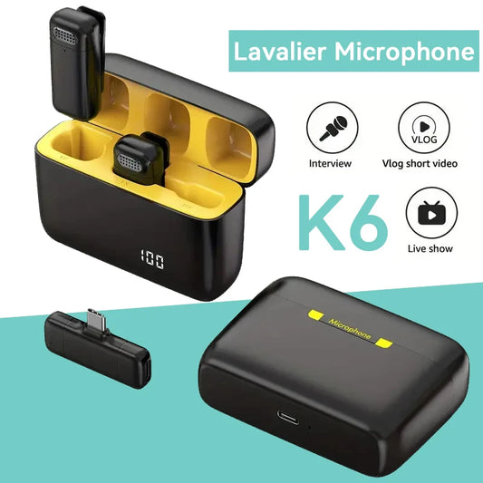 K6 New Wireless Lavalier Microphone Portable Audio Video Recording Mini Mic Live Broadcast Gaming Phone Mic for iPhone Android Leedoar