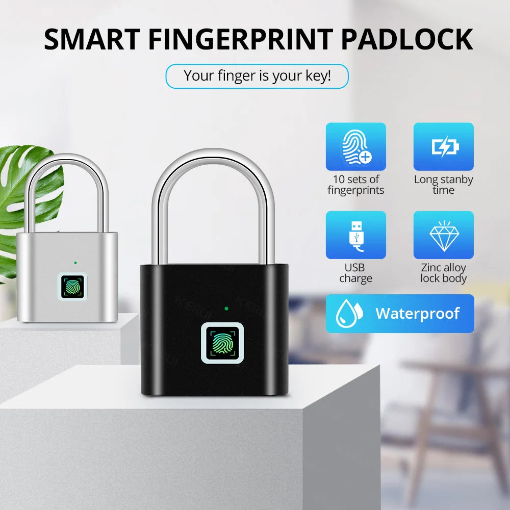 KERUI Keyless USB Charging Fingerprint Lock Smart Padlock Waterproof Door Lock 0.2sec Unlock Portable Anti-theft Padlock Zinc Leedoar