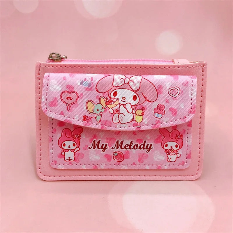 Kawaii Carteira de Couro PU Desenho Animado Sanrio Anime Hello Kitty Cinnamoroll Kuromi Casual Carteiras Curtas Bonito Porta-Cartões Bolsa de Moedas