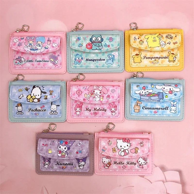 Kawaii Carteira de Couro PU Desenho Animado Sanrio Anime Hello Kitty Cinnamoroll Kuromi Casual Carteiras Curtas Bonito Porta-Cartões Bolsa de Moedas