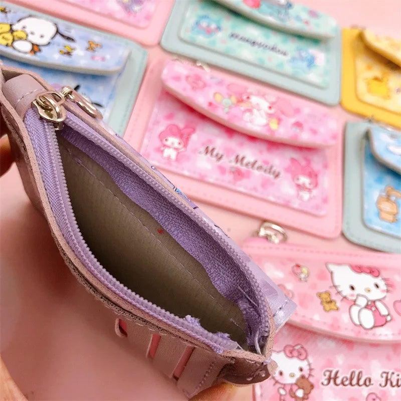 Kawaii Carteira de Couro PU Desenho Animado Sanrio Anime Hello Kitty Cinnamoroll Kuromi Casual Carteiras Curtas Bonito Porta-Cartões Bolsa de Moedas