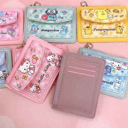 Kawaii Carteira de Couro PU Desenho Animado Sanrio Anime Hello Kitty Cinnamoroll Kuromi Casual Carteiras Curtas Bonito Porta-Cartões Bolsa de Moedas