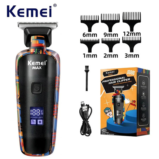 Kemei-5090 Aparadores de cabelo com visor digital, empurrador de barbeiro profissional para homens, máquina de cortar cabelo elétrica com padrão de grafite aleatório