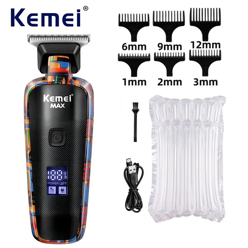 Kemei-5090 Hair Trimmers with Digital Display, Professional Barber Pusher for Men, Random Graffiti Pattern Hair Clipper Electric Leedoar