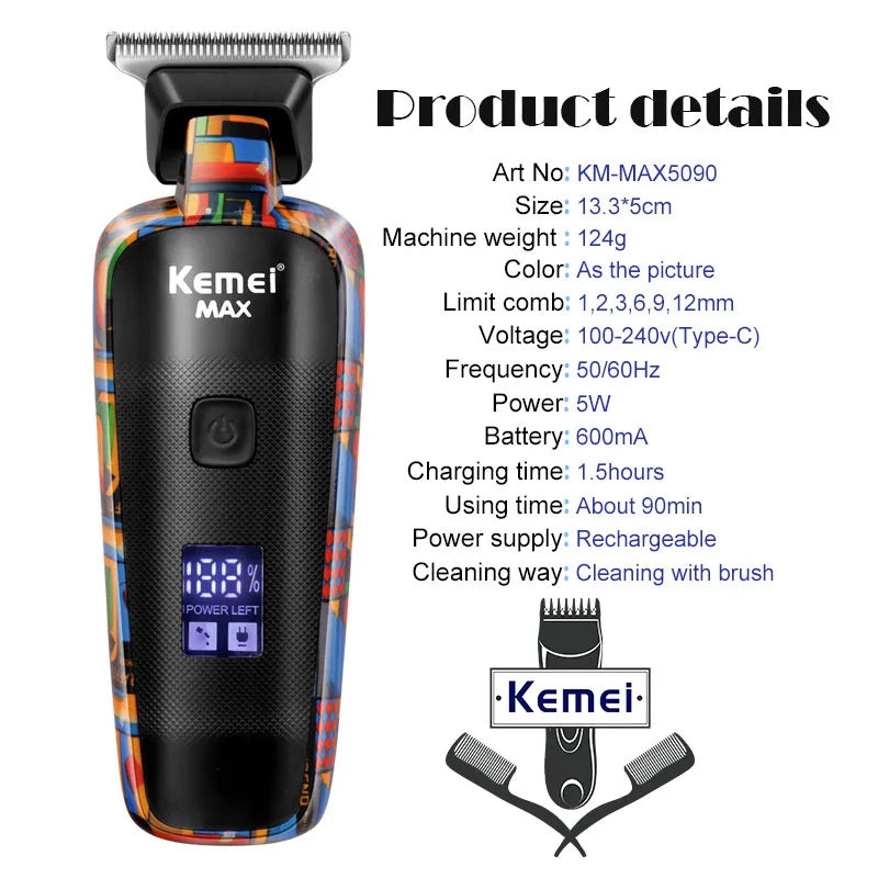 Kemei-5090 Hair Trimmers with Digital Display, Professional Barber Pusher for Men, Random Graffiti Pattern Hair Clipper Electric Leedoar