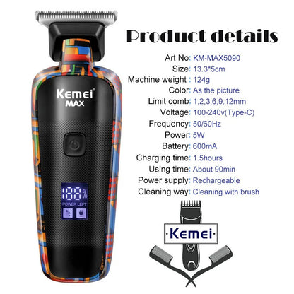 Kemei-5090 Hair Trimmers with Digital Display, Professional Barber Pusher for Men, Random Graffiti Pattern Hair Clipper Electric Leedoar