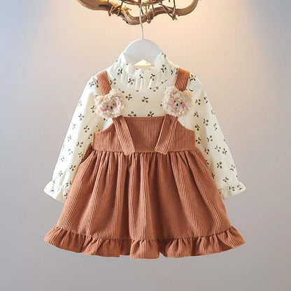 Kid Girl Long Sleeve Dress Floral Lovely Bear Corduroy Strap Style Dress Fashion Cute Photograph Outfit for Child Girl 1-6 Years Leedoar