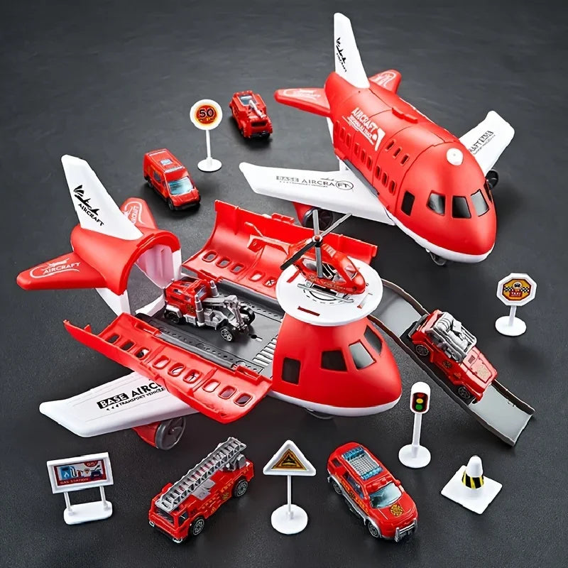 Kid airplane play set boys airliner model toys Inertial track friction with 6 Road Signs Random 3 Cars 1 Helicopter toy children Leedoar