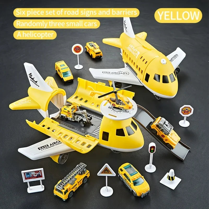 Kid airplane play set boys airliner model toys Inertial track friction with 6 Road Signs Random 3 Cars 1 Helicopter toy children Leedoar