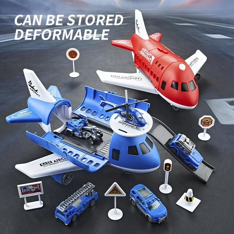 Kid airplane play set boys airliner model toys Inertial track friction with 6 Road Signs Random 3 Cars 1 Helicopter toy children Leedoar