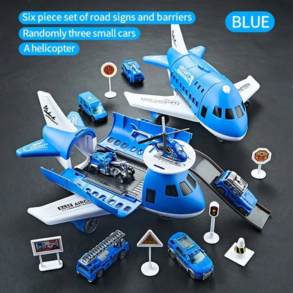 Kid airplane play set boys airliner model toys Inertial track friction with 6 Road Signs Random 3 Cars 1 Helicopter toy children Leedoar