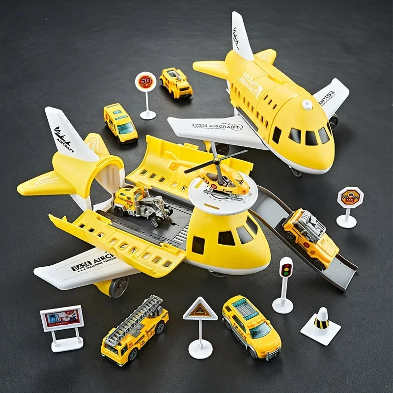 Kid airplane play set boys airliner model toys Inertial track friction with 6 Road Signs Random 3 Cars 1 Helicopter toy children Leedoar