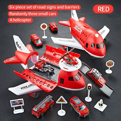 Kid airplane play set boys airliner model toys Inertial track friction with 6 Road Signs Random 3 Cars 1 Helicopter toy children Leedoar