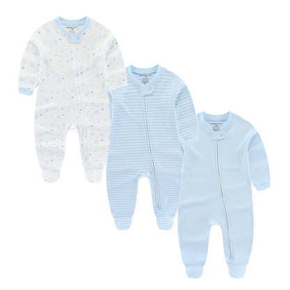 Kiddiezoom 3 Pcs/lot Autumn Winter Solid Zipper Baby Boy Girl Rompers 100%Cotton Soft Newborn Clothes Baby Shower Gifts Leedoar