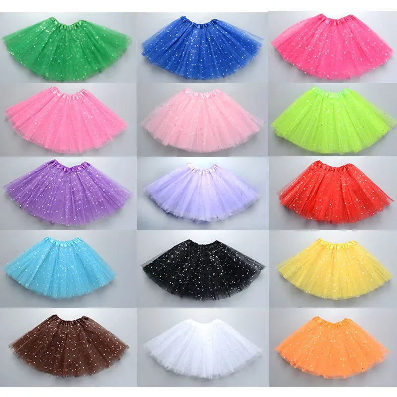 Kids Baby Star Glitter Dance Tutu Skirt For Girl Sequin 3 Layers Tulle Toddler Pettiskirt Children Chiffon Skirt length 30cm Leedoar