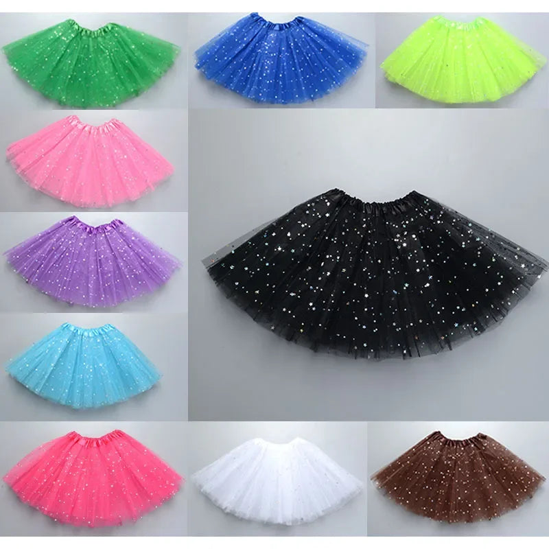 Kids Baby Star Glitter Dance Tutu Skirt For Girl Sequin 3 Layers Tulle Toddler Pettiskirt Children Chiffon Skirt length 30cm Leedoar