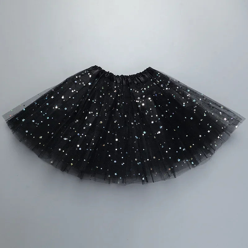 Kids Baby Star Glitter Dance Tutu Skirt For Girl Sequin 3 Layers Tulle Toddler Pettiskirt Children Chiffon Skirt length 30cm Leedoar