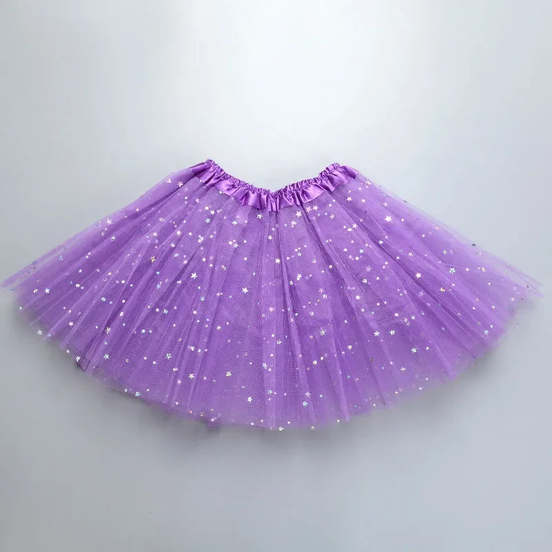 Kids Baby Star Glitter Dance Tutu Skirt For Girl Sequin 3 Layers Tulle Toddler Pettiskirt Children Chiffon Skirt length 30cm Leedoar