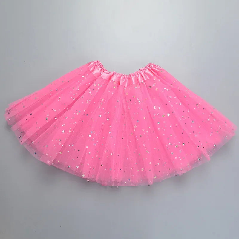 Kids Baby Star Glitter Dance Tutu Skirt For Girl Sequin 3 Layers Tulle Toddler Pettiskirt Children Chiffon Skirt length 30cm Leedoar