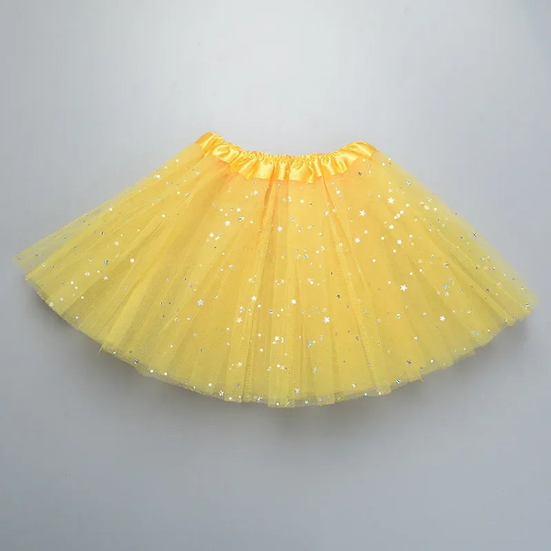 Kids Baby Star Glitter Dance Tutu Skirt For Girl Sequin 3 Layers Tulle Toddler Pettiskirt Children Chiffon Skirt length 30cm Leedoar