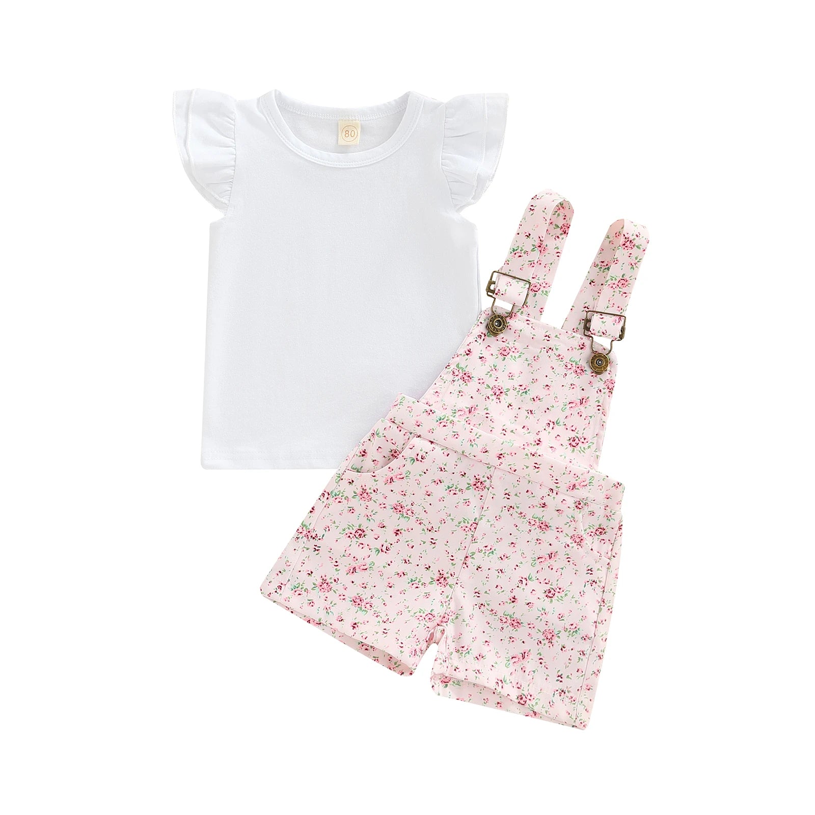 Kids Clothes Girls Summer Outfits Children Clothing Short Sleeve Round Neck Tops + Flowers Printed Suspender Short Pants Set Leedoar